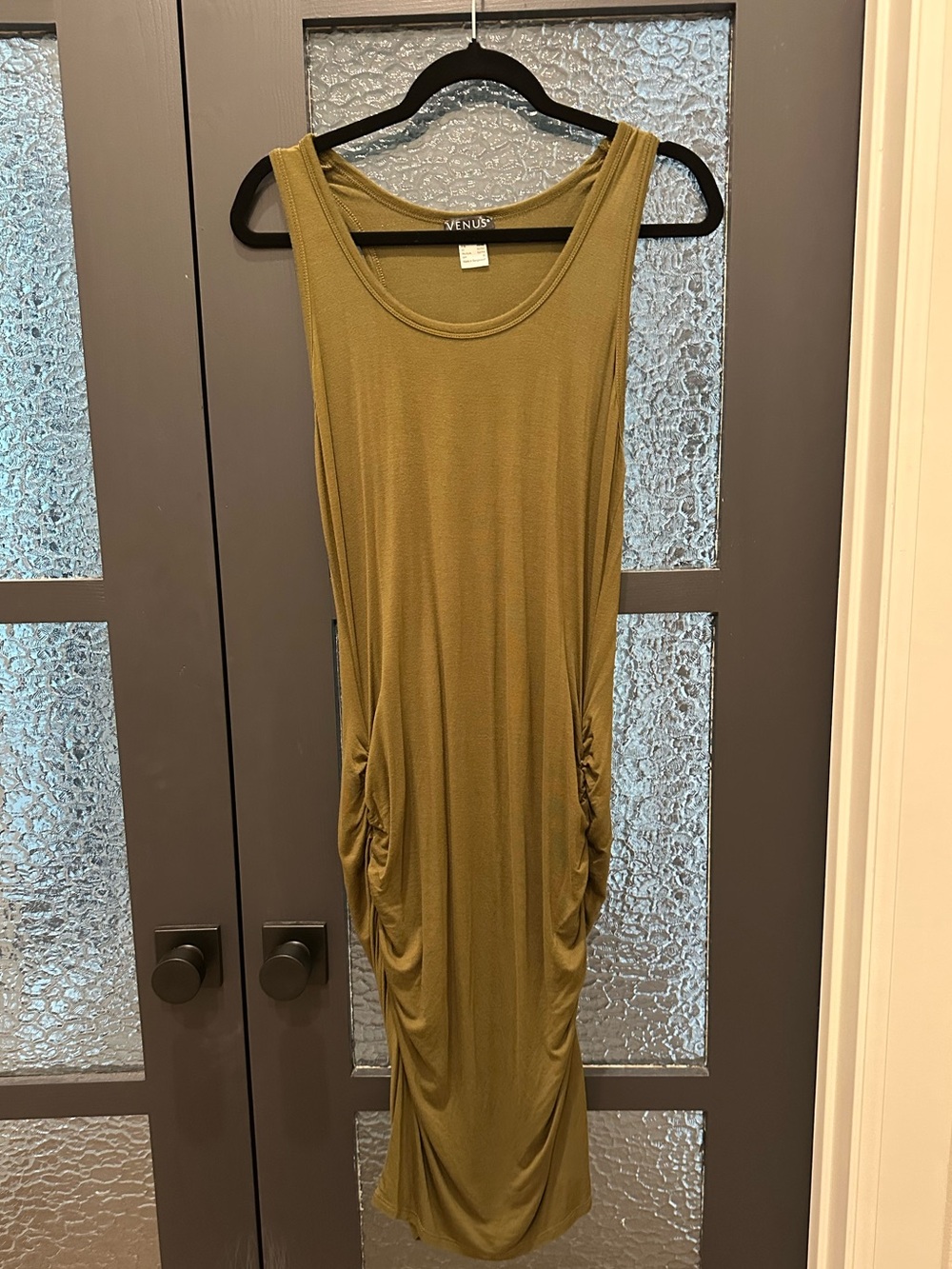 VENUS Olive Green Ruched Bodycon Tank Dress Size Large Sleeveless Midi